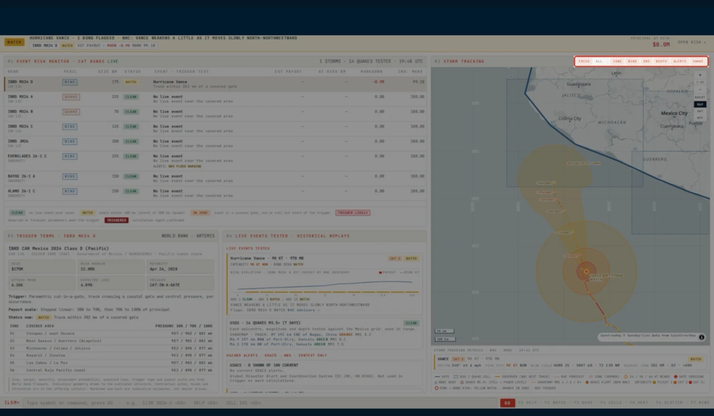 Blurred ReRiskx RISK view with the catastrophe map visible